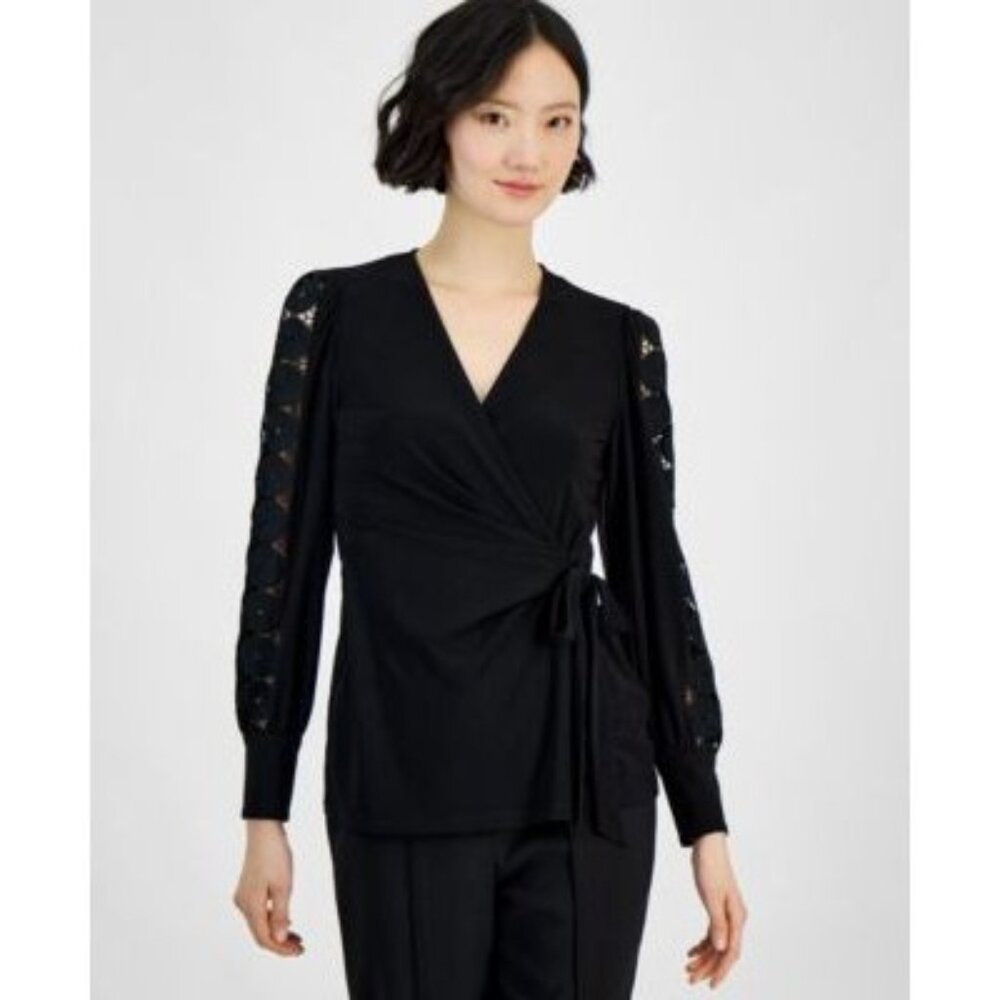 Anne Klein Womens Faux-Wrap Blouson-Sleeve Top Decorative Sleeves Black XXS NWT